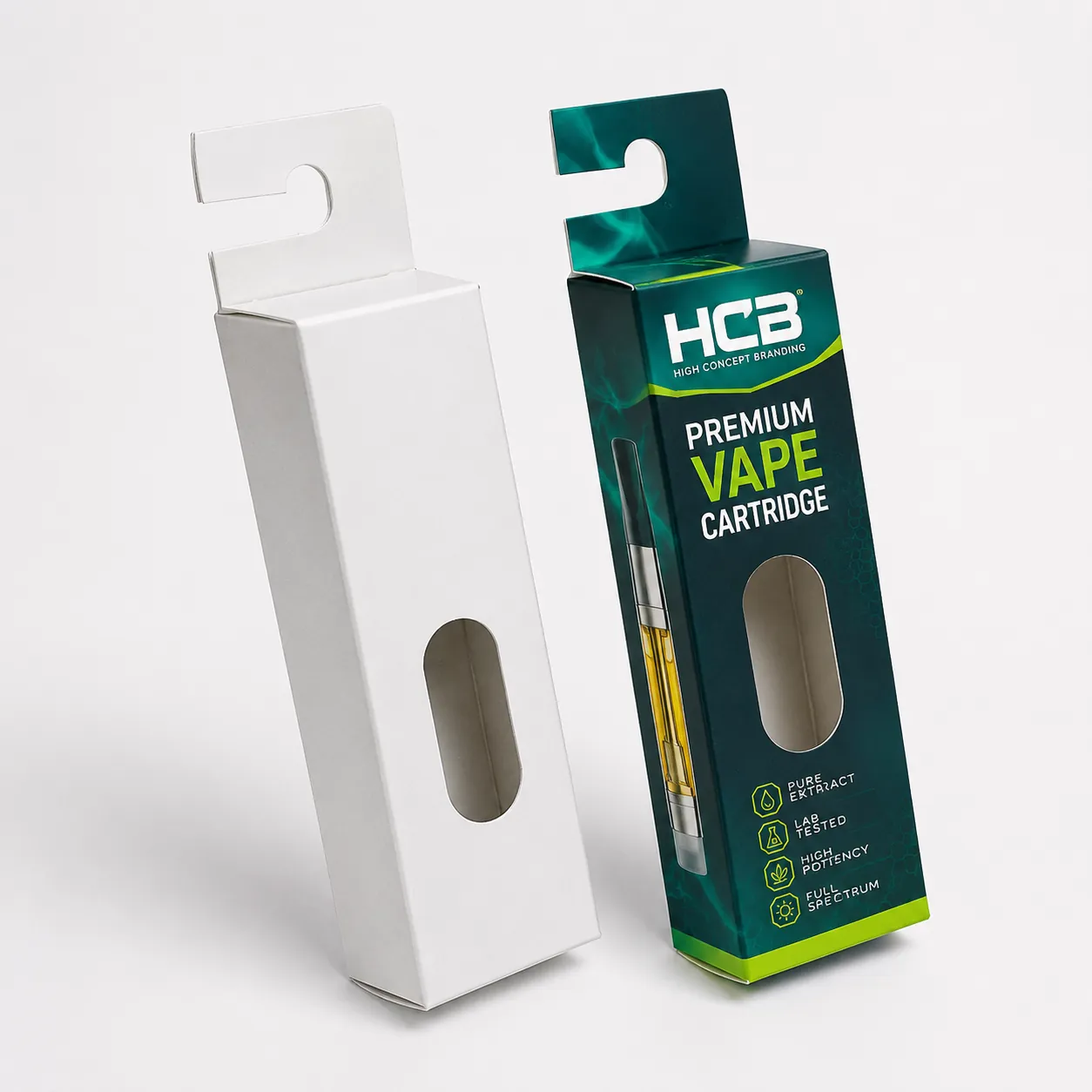 Custom printed cardboard vape cartridge boxes featuring a Somali hook hanging tab and die cut window. class=